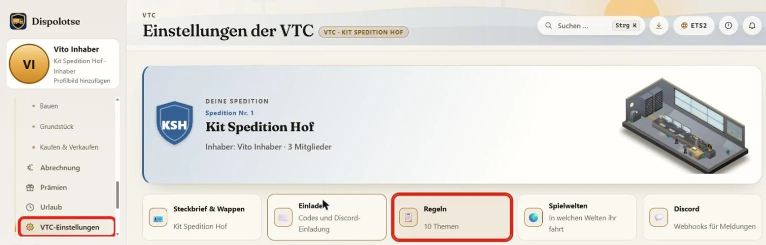 Die VTC-Einstellungen einer Beispiel-Spedition mit dem markierten Menüeintrag „VTC-Einstellungen“ und der markierten Kachel „Regeln“