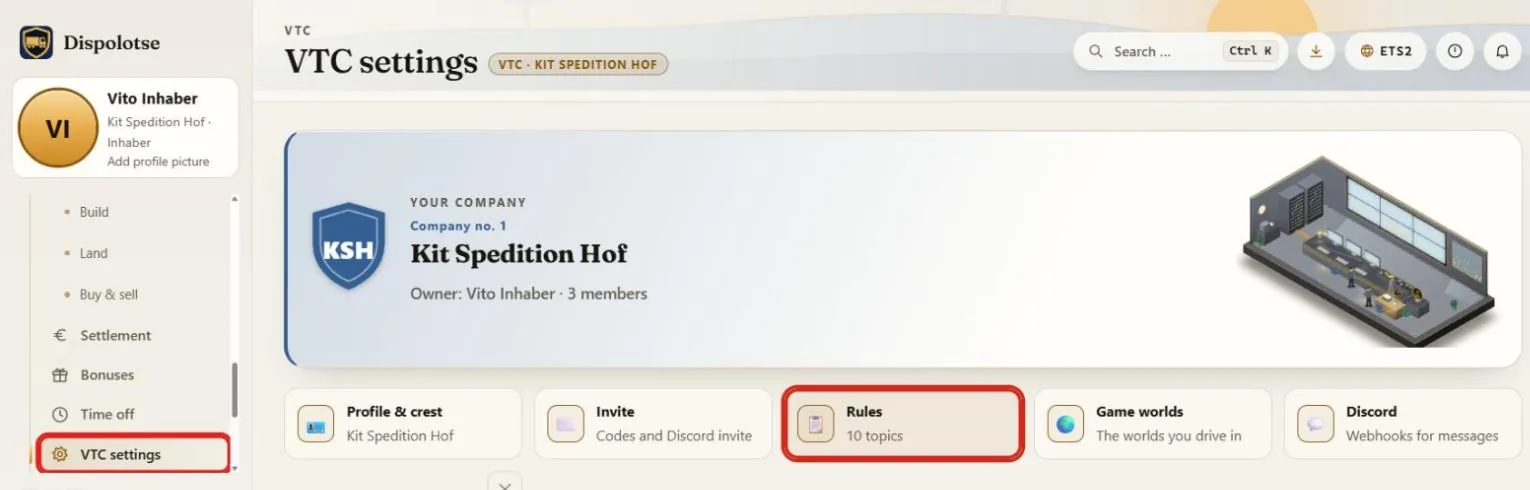 The VTC settings of a sample company with the menu entry "VTC settings" and the tile "Rules" marked