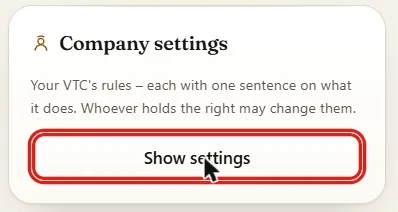 The section "Company settings" with the button "Show settings" marked