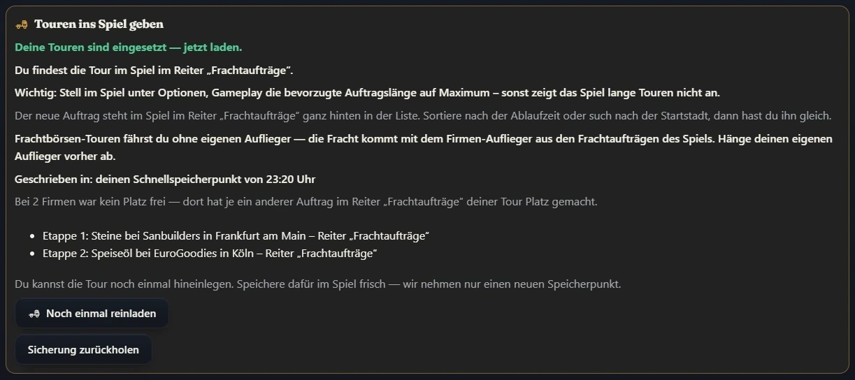 Die App meldet: Touren eingesetzt, jetzt laden