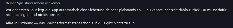 App-Einstellungen › Spielstand: „Alles in Ordnung — das Speicherformat steht schon auf 2.“