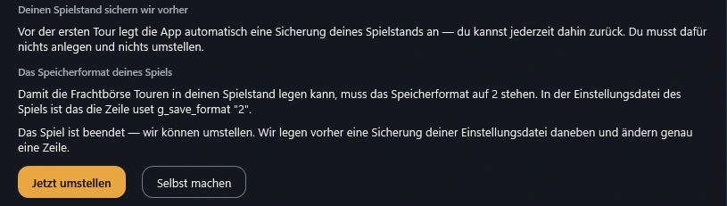 App-Einstellungen › Spielstand: das Spiel ist beendet, der Knopf „Jetzt umstellen“ ist frei