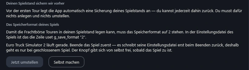 App-Einstellungen › Spielstand: das Spiel läuft noch, der Knopf „Jetzt umstellen“ ist gesperrt