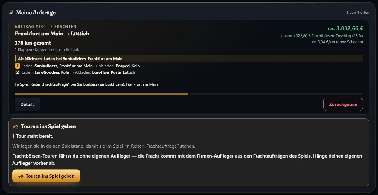 Der Knopf „Touren ins Spiel geben“ in der App