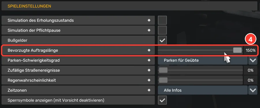 Gameplay-Einstellungen: „Bevorzugte Auftragslänge“ ganz rechts auf 150 %