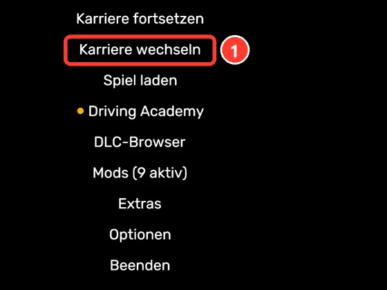 Hauptmenü des Spiels, „Karriere wechseln“ ist markiert
