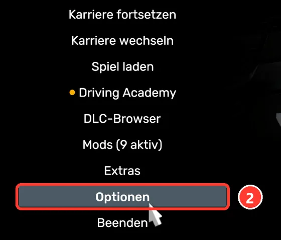 Hauptmenü des Spiels, „Optionen“ ist markiert