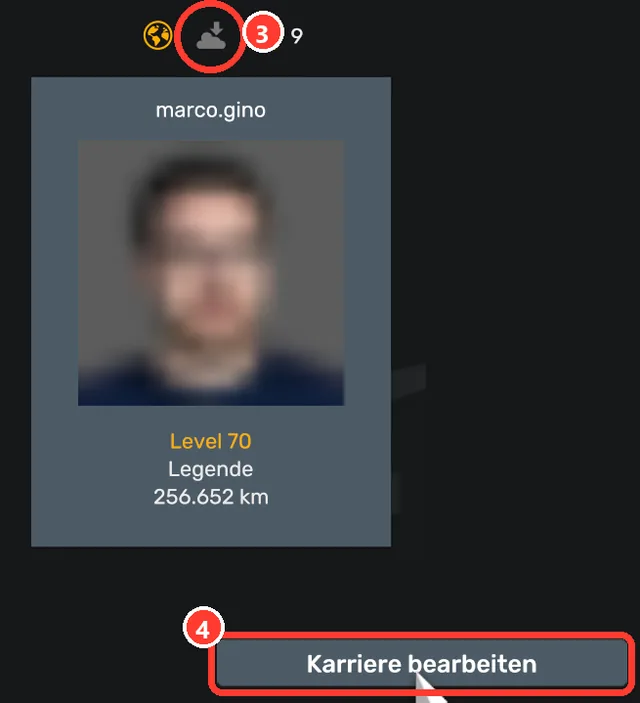 Karriere Auswahl: das graue Wolken-Symbol über der eigenen Karte und der Knopf „Karriere bearbeiten“ sind markiert