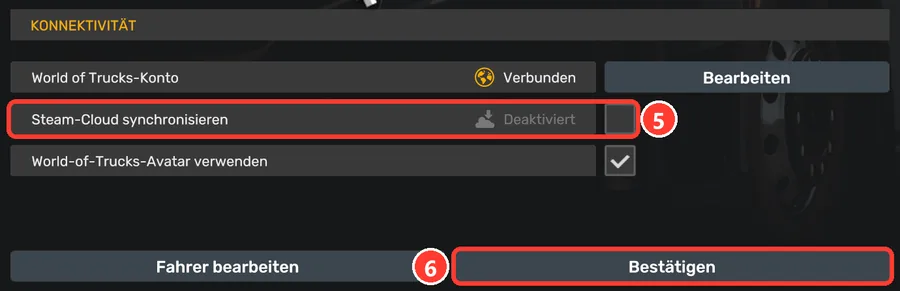 Karriere bearbeiten: die Zeile „Steam-Cloud synchronisieren“ ohne Haken und der Knopf „Bestätigen“ sind markiert