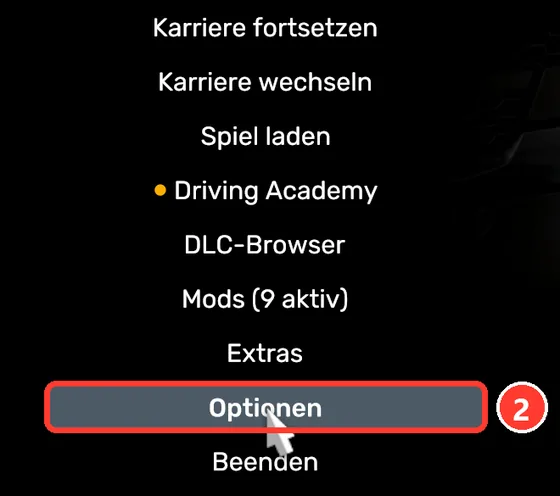 Hauptmenü des Spiels, „Optionen“ ist markiert