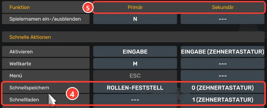 Tasten und Knöpfe, Abschnitt „Schnelle Aktionen“: die Zeilen „Schnellspeichern“ und „Schnellladen“ und die Spalten „Primär“ und „Sekundär“ sind markiert