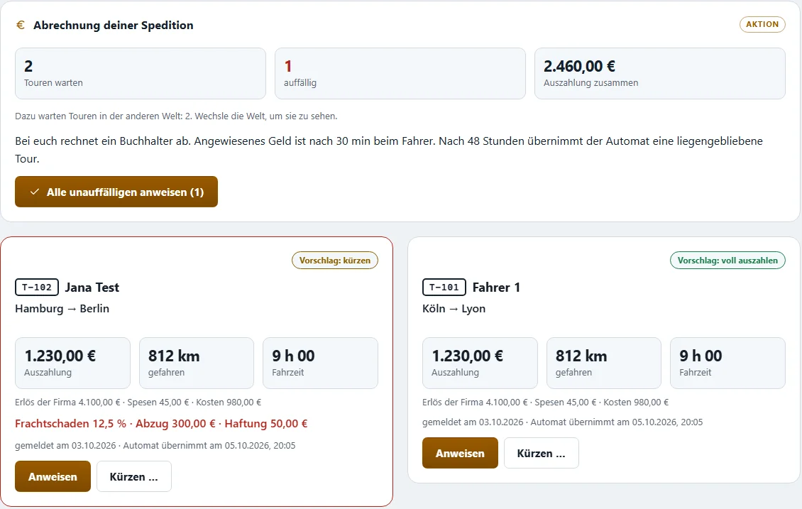 Abrechnung einer Beispiel-Spedition mit zwei wartenden Touren, eine davon auffällig