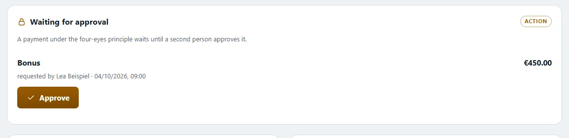 Card “Waiting for approval”: a pending bonus of a sample company with the button “Approve”