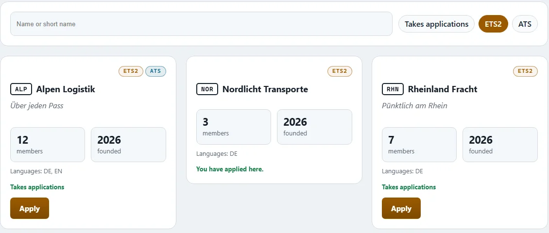 “Companies” page with search, filter and three example companies