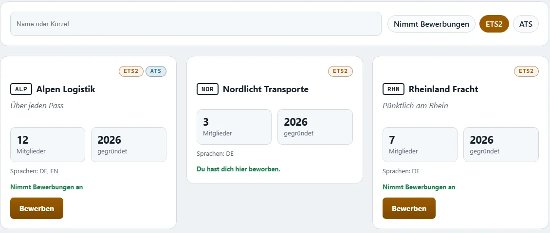 Seite „Speditionen“ mit Suche, Filter und drei Beispiel-Speditionen