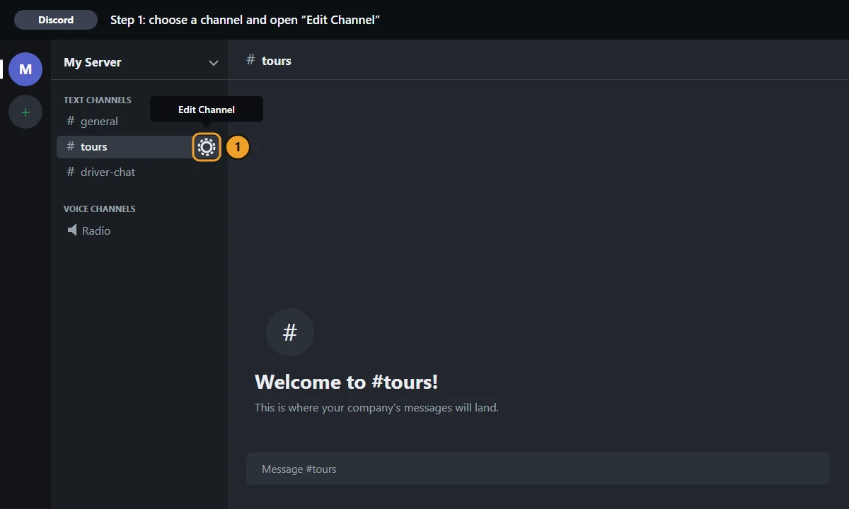 Discord server “My Server”: the cog “Edit Channel” on the channel #tours is marked