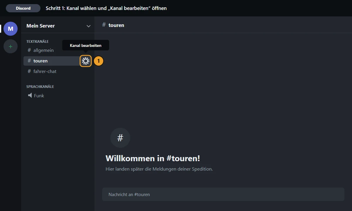 Discord-Server „Mein Server“: am Kanal #touren ist das Zahnrad „Kanal bearbeiten“ markiert