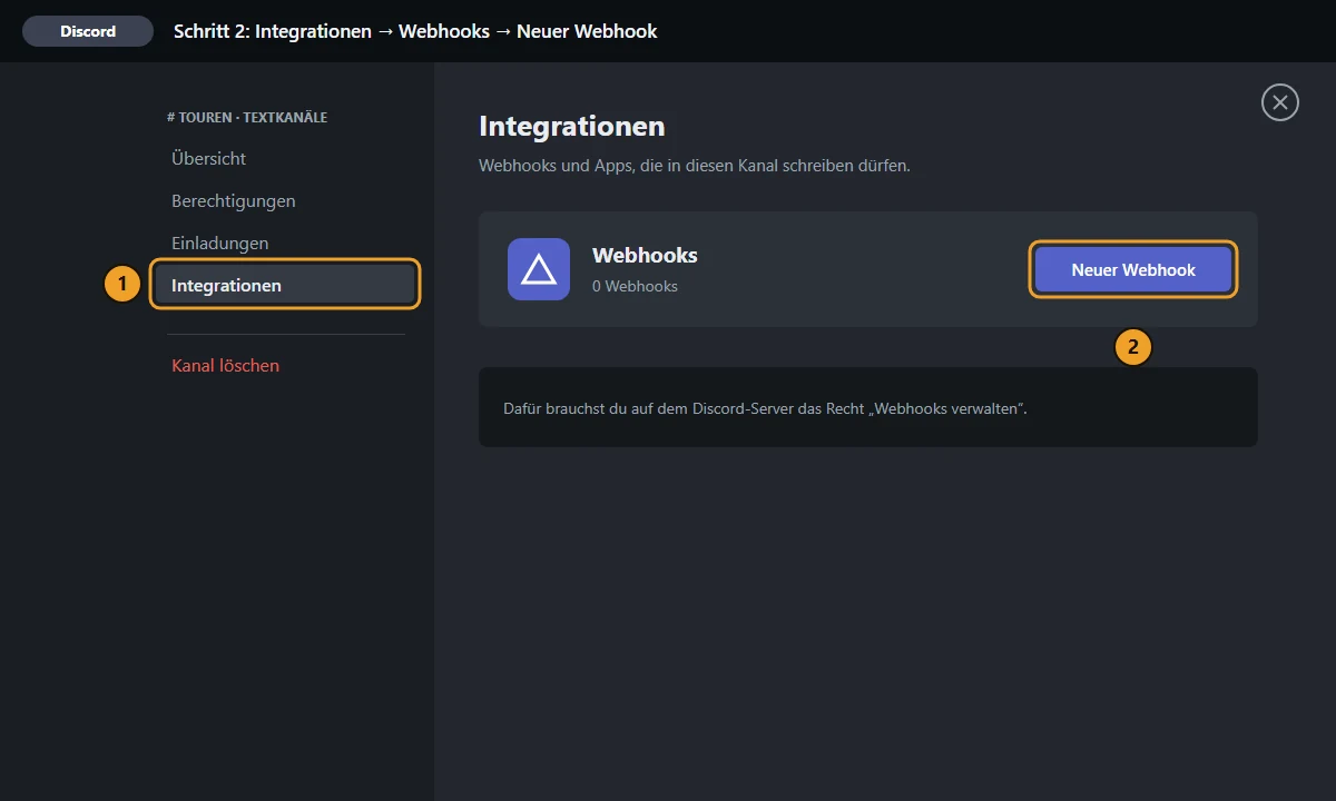 Kanaleinstellungen von #touren: links „Integrationen“ markiert, rechts der Knopf „Neuer Webhook“