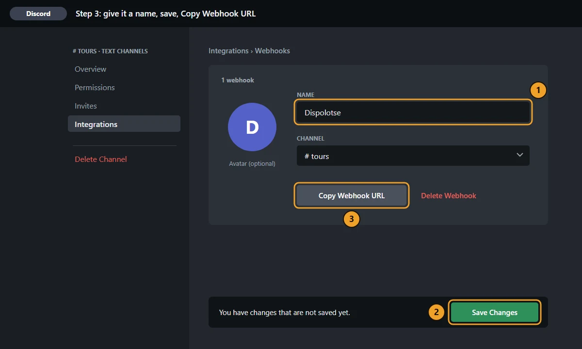The new webhook: name “Dispolotse”, channel #tours, buttons “Copy Webhook URL” and “Save Changes”