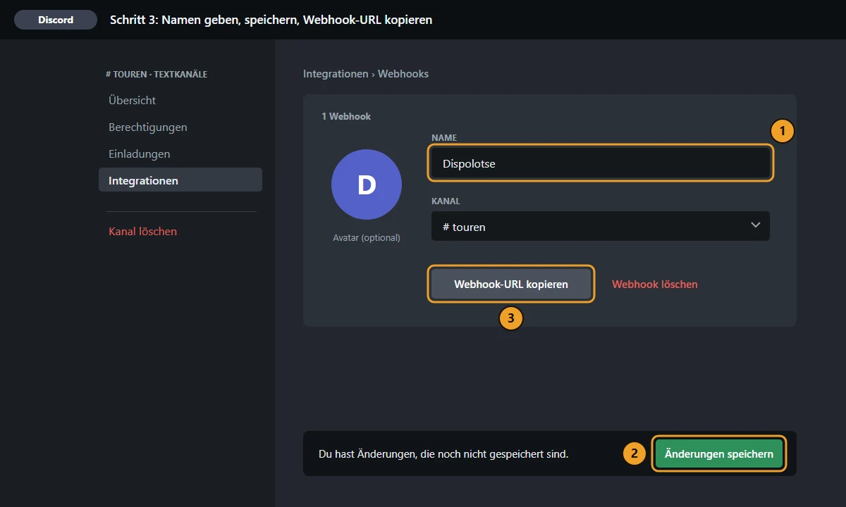 Der neue Webhook: Name „Dispolotse“, Kanal #touren, Knöpfe „Webhook-URL kopieren“ und „Änderungen speichern“