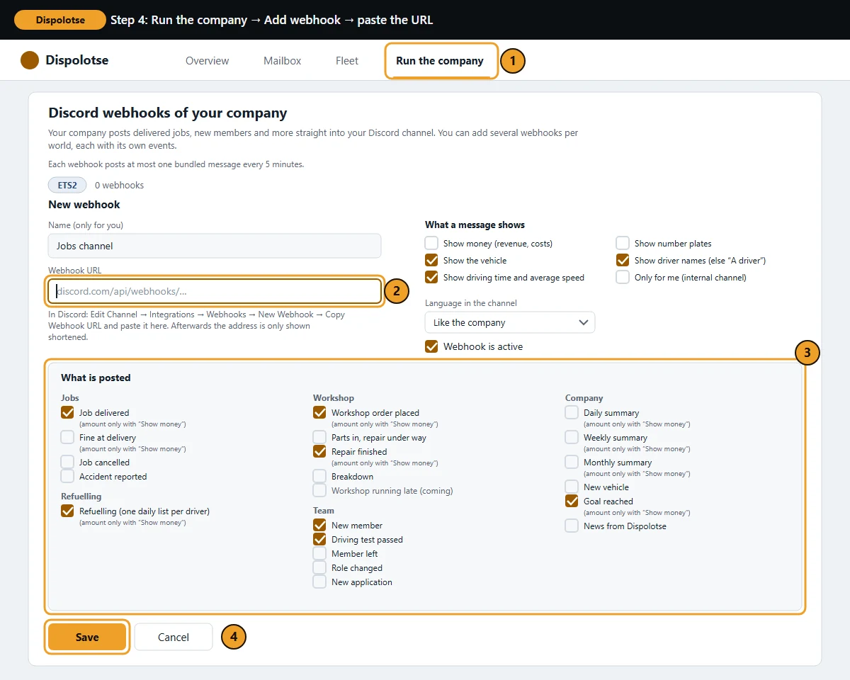 Dispolotse in the browser: “Run the company”, card “Discord webhooks of your company” with the form “New webhook”