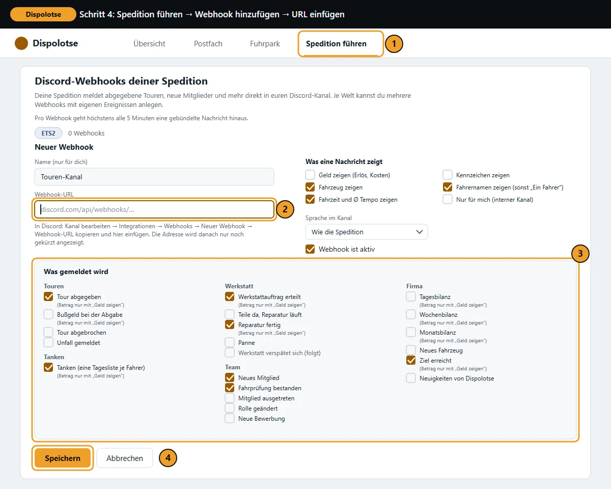 Dispolotse im Browser: „Spedition führen“, Karte „Discord-Webhooks deiner Spedition“ mit dem Formular „Neuer Webhook“