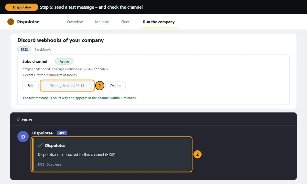 The saved webhook “Jobs channel” with the button “Send test message”, below it the test message in the channel #tours