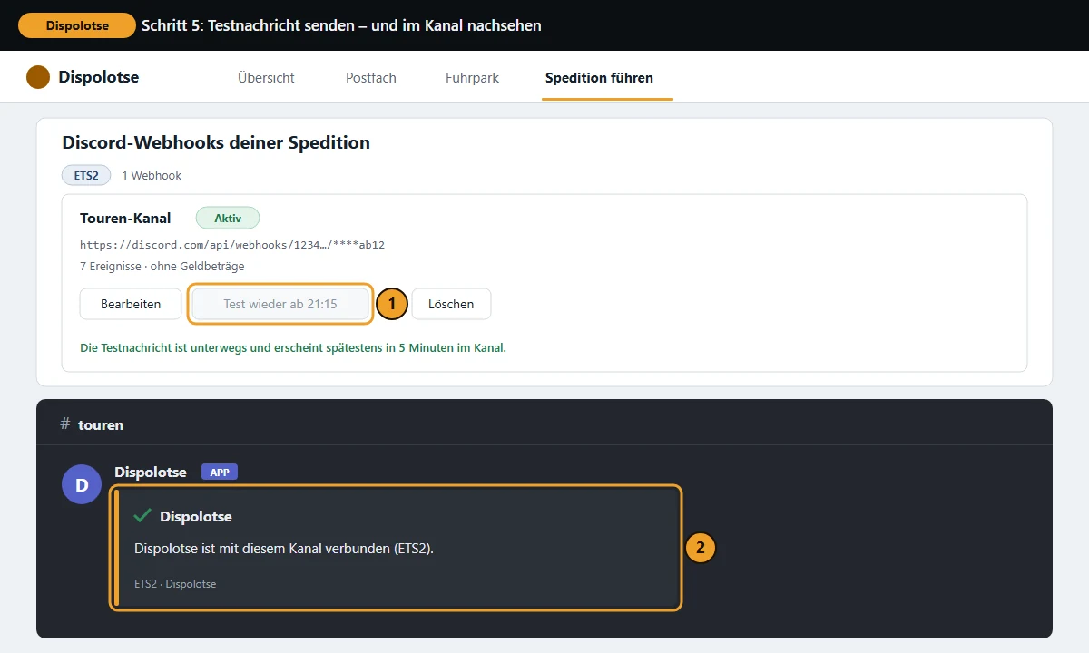 Der gespeicherte Webhook „Touren-Kanal“ mit dem Knopf „Testnachricht senden“, darunter die Testnachricht im Kanal #touren