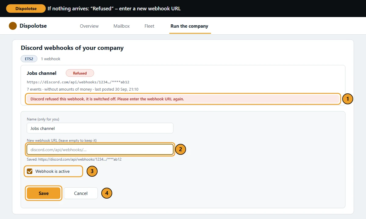 A webhook in the state “Refused” with the hint to enter the webhook URL again; below it the open form with the field “New webhook URL”