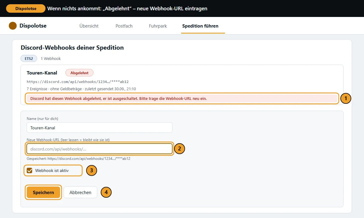 Ein Webhook mit dem Zustand „Abgelehnt“ und dem Hinweis, die Webhook-URL neu einzutragen; darunter das geöffnete Formular mit dem Feld „Neue Webhook-URL“